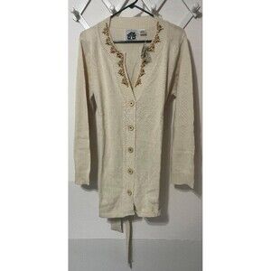 Storybook Knits Women’s L Beige Beaded Embroidered Long Cardigan Sweater NWT